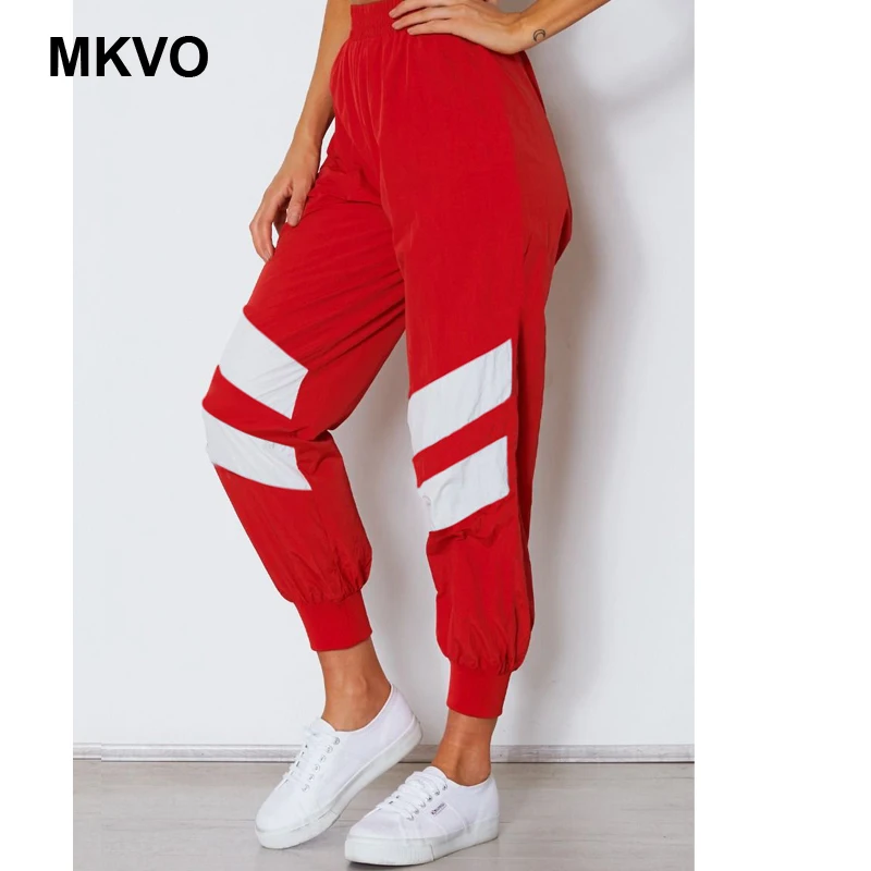 

Fashion stitching sports harem pants wide leg pants ladies high waist side stripe stitching black red casual elastic pants