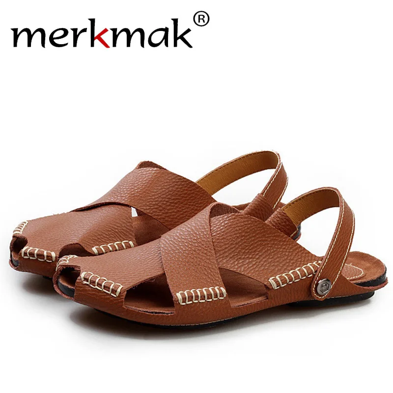 

Merkmak Fashion Summer Beach Men Sandals Genuine Leather Breathable Man Flip Flops Shoes Casual Comfortable Male Flats Dropship