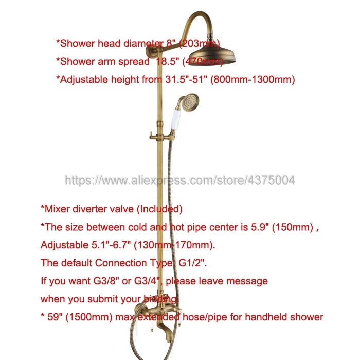 Antique Brass 8" Rainfall Shower Head Shower Faucet Mixer Set Dual Handle + Tub Spout + Hand Held Shower Nan815