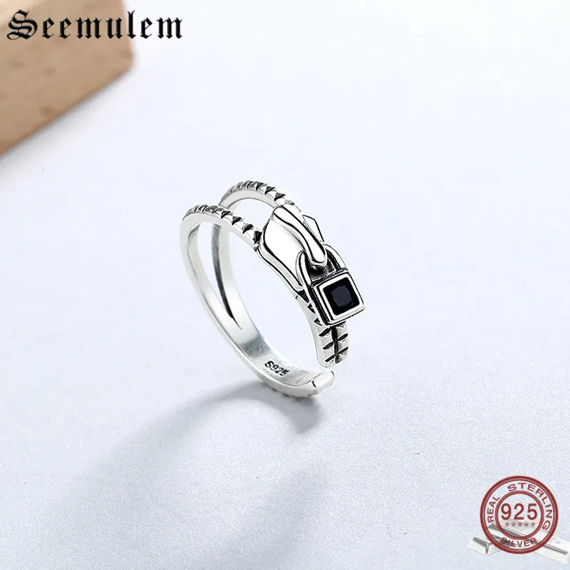 

Seemulem Designer Personality Zipper Sterling Silver Ring Nature Stone Black Zircon 925 Silver Jewelry Original Ring for Women