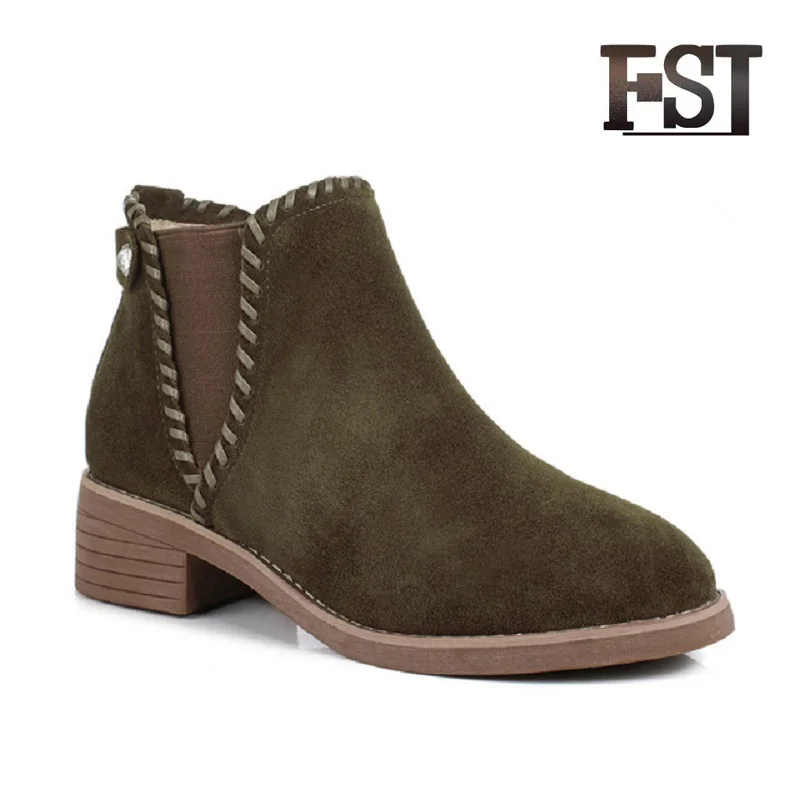 

FSJ Woman Boots Spring/Autumn 2019 Winter Chelsea Genuine Leather Ankle Round Toe Elastic Band Sewing Casual Office Career shoes