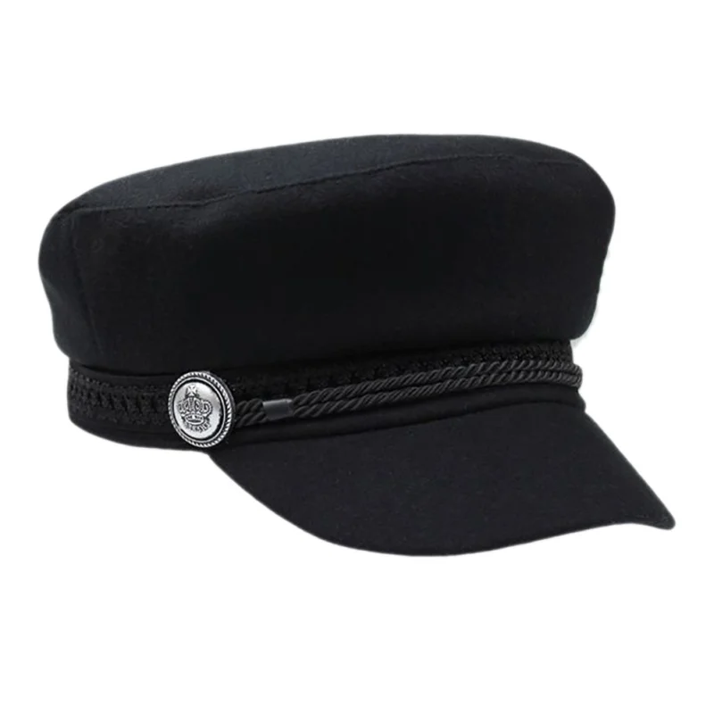 Классический стиль, черная Зимняя кепка шерстяная шапка, женская кепка на пуговицах, Повседневная Уличная одежда, плоская кепка, элегантная однотонная Осенняя Кепка - Цвет: Черный