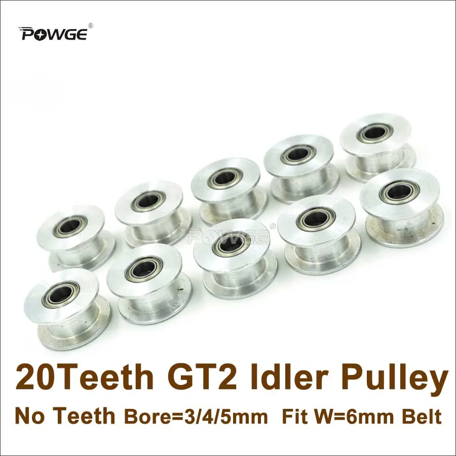 

POWGE 10pcs 2GT Idler Pulley Bore 3/4/5mm No Teeth Passive Pulley 20T 20 Geer GT2 Idle Pulley For Width 6mm GT2 Belt 3D Printer
