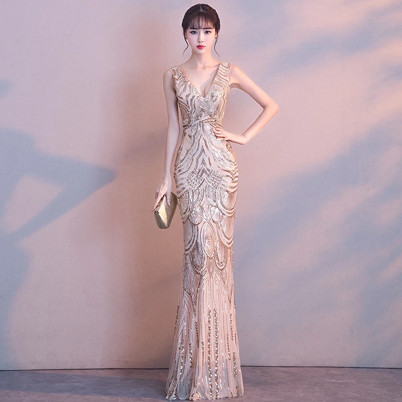 

Exquisite Women Slim V-Neck Backless Bling Sequins Evening Dress Sexy Thin Show Nightclub Gowns Elegant Bridesmaid Wedding Qipao