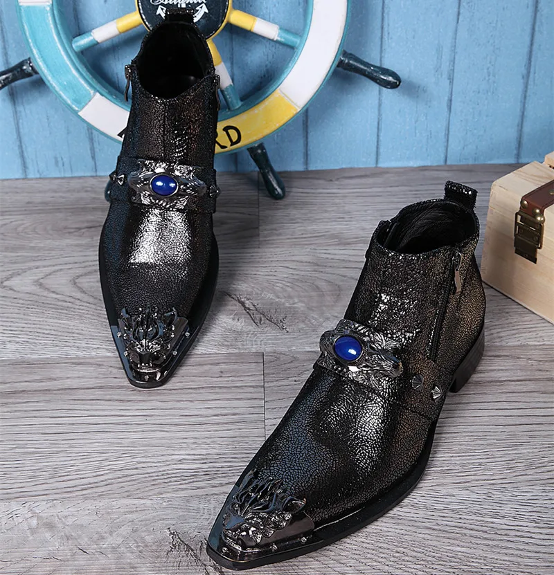 Mancuello Black Crack Pattern Metal Pointed Toe Men Dress Shoes Real Leather Rivets Ankle Boots