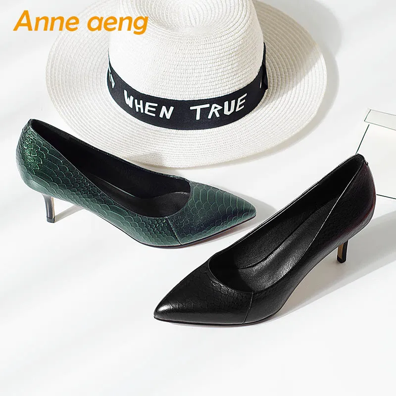 De Femmes Sexy Mince noir En Talons Nouveau Pointu Supérieure Cuir Pompes Dames Chaussures Green Printemps Haute Véritable automne Bout Noir Vache xqIvZ