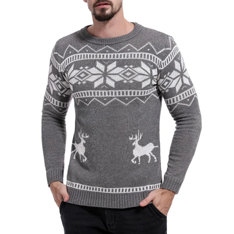 MoneRffi Mens Causal O Neck Sweater Deer Printed Autumn Winter Christmas Pullover Knitted Jumper Sweaters Slim Fit Male Clothes