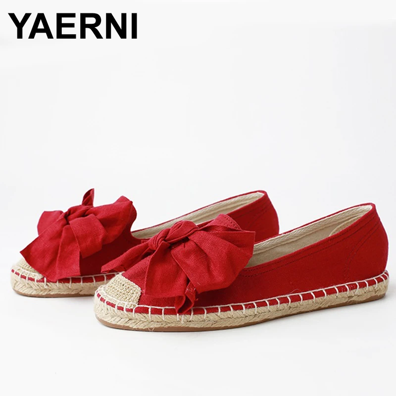 

YAERNI 2019 Fashion Ethnic Casual Espadrilles Big bow Flat Women Spring Printed Slip on Fishermen Hemp Rope Shoes 35-43