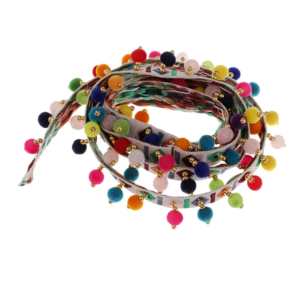 1 Yard Ethnic Style Pompom Beads Fringe Tassel Braid Jacquard Ribbon National Trim Lace Sewing Applique DIY Crafts Supplies