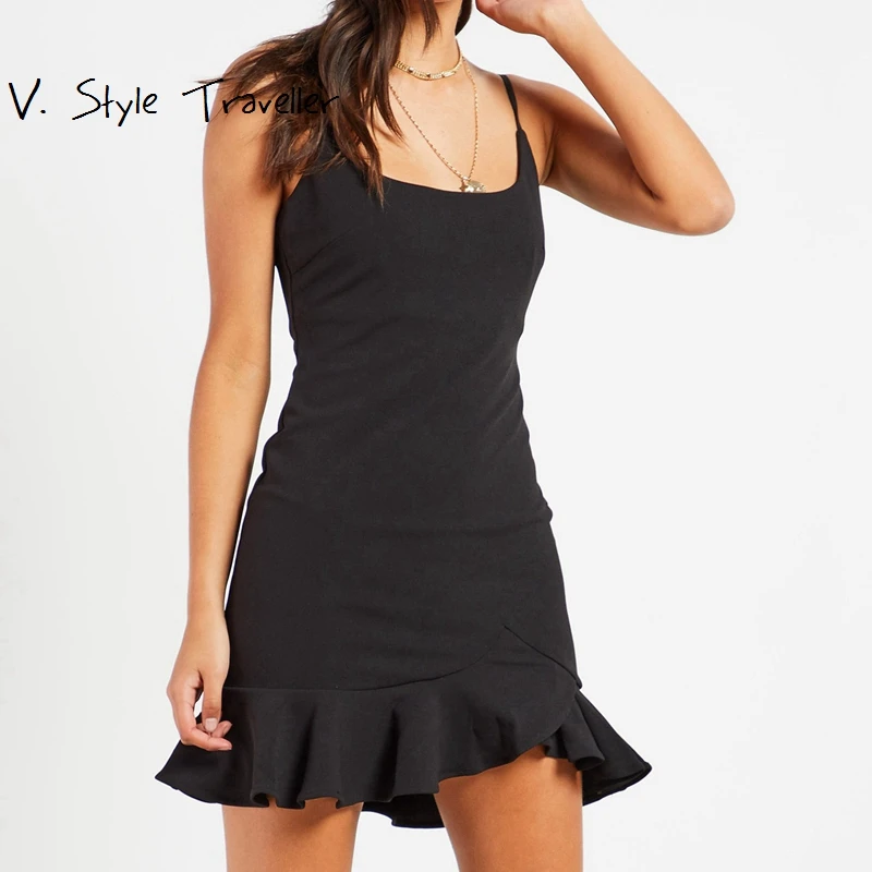 

Camis Flounce Dress Women Yellow Stretchy Low Cut Sexy Bodycon Casual vestido de festa Female Boho Formal Little Black Dresses