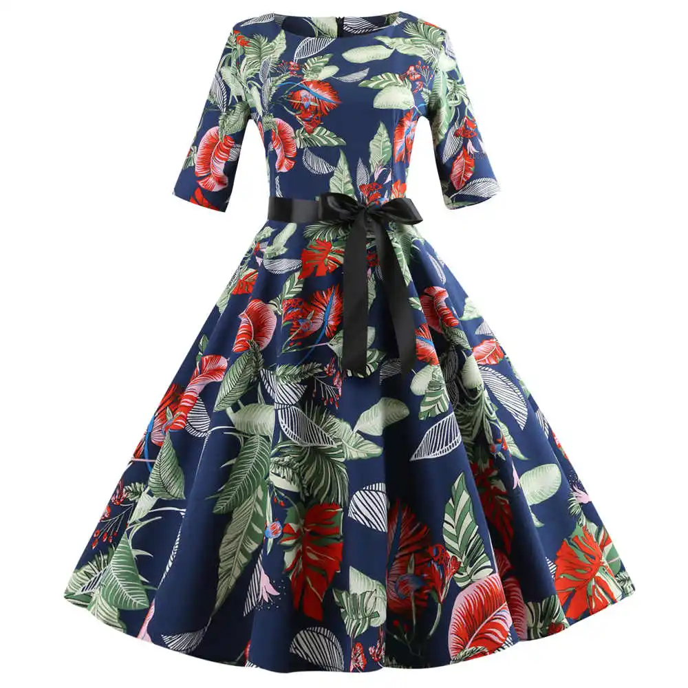MIXINNI 50 s 60 s с цветочным принтом осень Винтаж платье тонкая талия vestidos mujer Для женщин элегантное праздничное платье