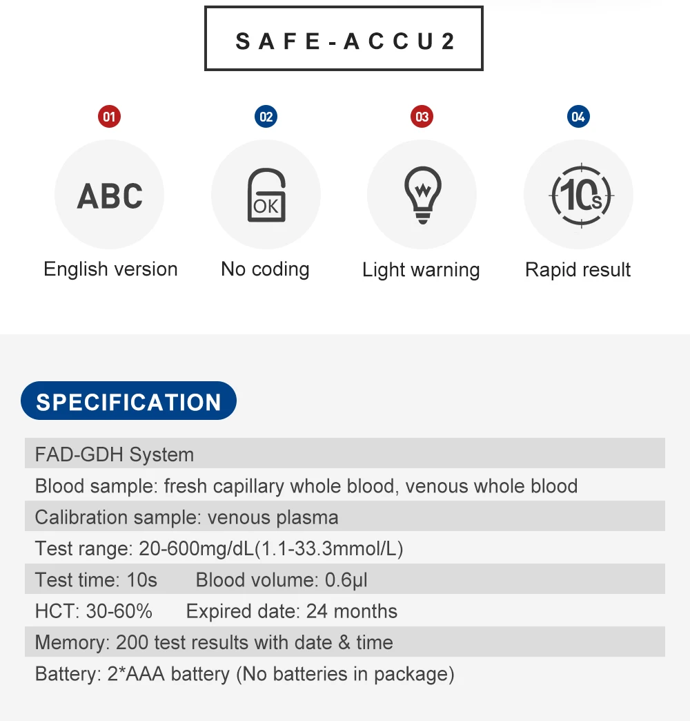 Medidor de Glicose Tiras de Teste Monitor de Açúcar Glucometer com 50 Sinocare Sangue Diabetes Tester Kit Agulhas Lancets Safe-accu2 no 4 Beleza e saúde
