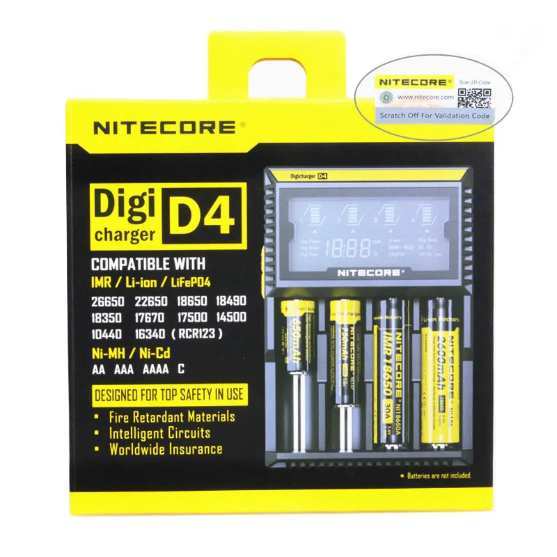 Nitecore D4 Digi Зарядное устройство ЖК-дисплей интеллигентая(ый) схема глобального страхования Li-Ion 18650 14500 16340 26650 Зарядное устройство Батарея