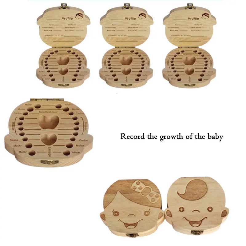 

English/Spanish/French/Russian/Italian Creative Baby Tooth Box Baby Umbilical Cord And Baby Hair Storage Box Wooden Storage Box
