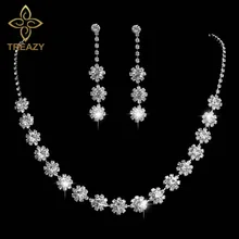 TREAZY Beautiful Flower Crystal Bridal Jewelry Sets Silver Color Rhinestone Necklace Earrings Wedding Jewelry Set for Women