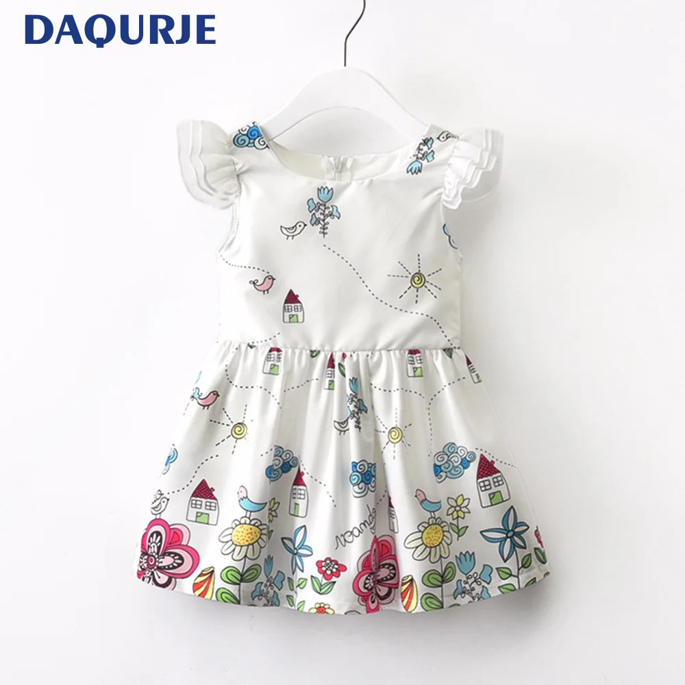 

DAQURJE Brand New Summer Kids Dress Girl Funny House Garden Flowers Children's Clothing White Princess Dress 2-6Y Girls Clothes
