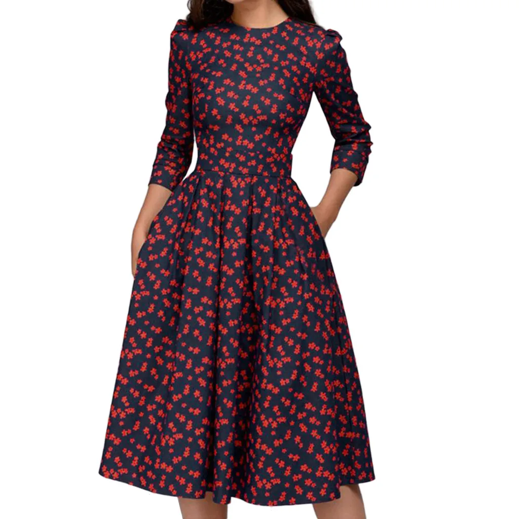 

Dresses Woman Party Night Polyester A-Line Long Sleeve Floral Vintage Mid-Calf O-Neck Ladies Dresses Large Sizes Fashion Clothes