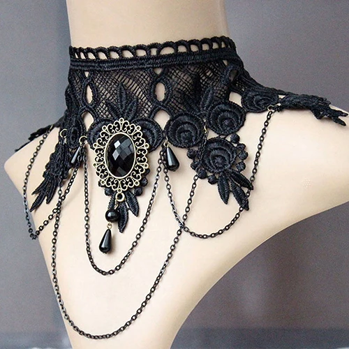 

Women Vintage Gothic Black Rhinestone Lace Layered Chain Collar Necklace Choker