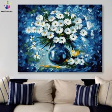 DIY Раскрашивание картины по номерам с цветами Блюз белые маленькие ромашки Картина Рисунок Живопись по номерам оформлена дома