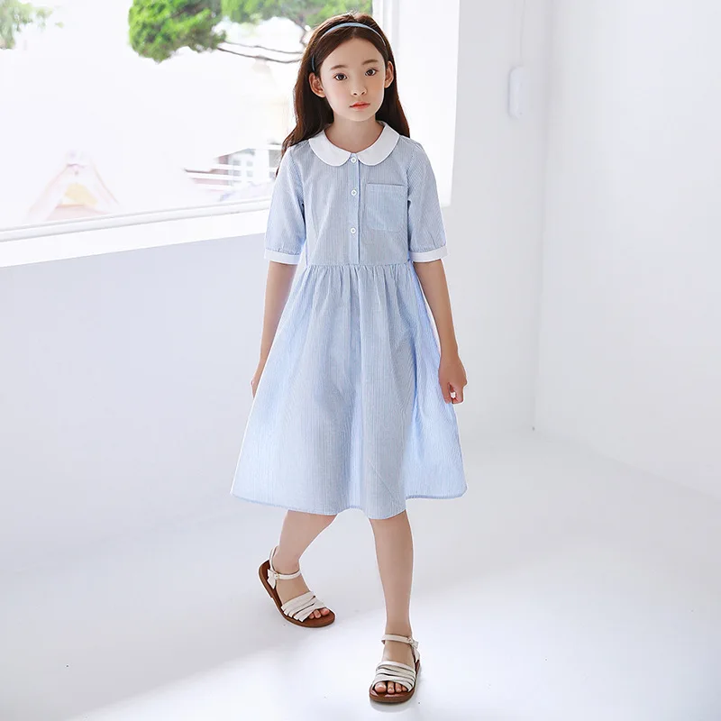

2019 Summer New Girls Korean Style Simple Stripe Dress Blue Cotton Peter Pan Collar Cute Princess Dress Big Girls Party Dress