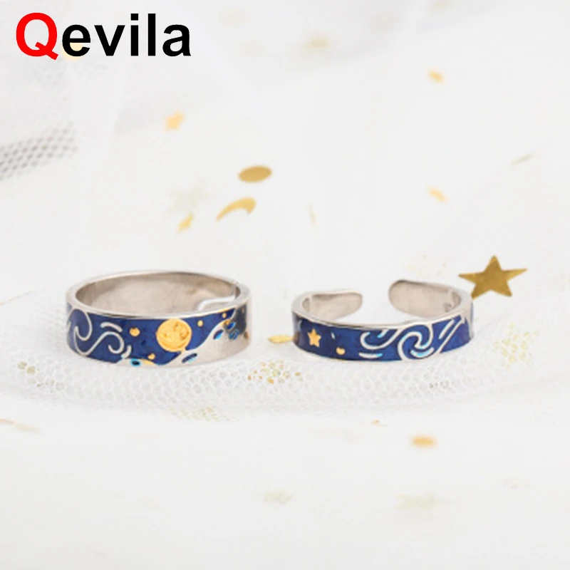 

Qevila Fashion Jewelry Van Gogh Rings Plated S925 Sterling Silver Van Gogh Starry Sky Open Women Ring For Women Men Romantic Gift Wedding Bohemian Boho Valentine's Day Gift For Lover Men Rings