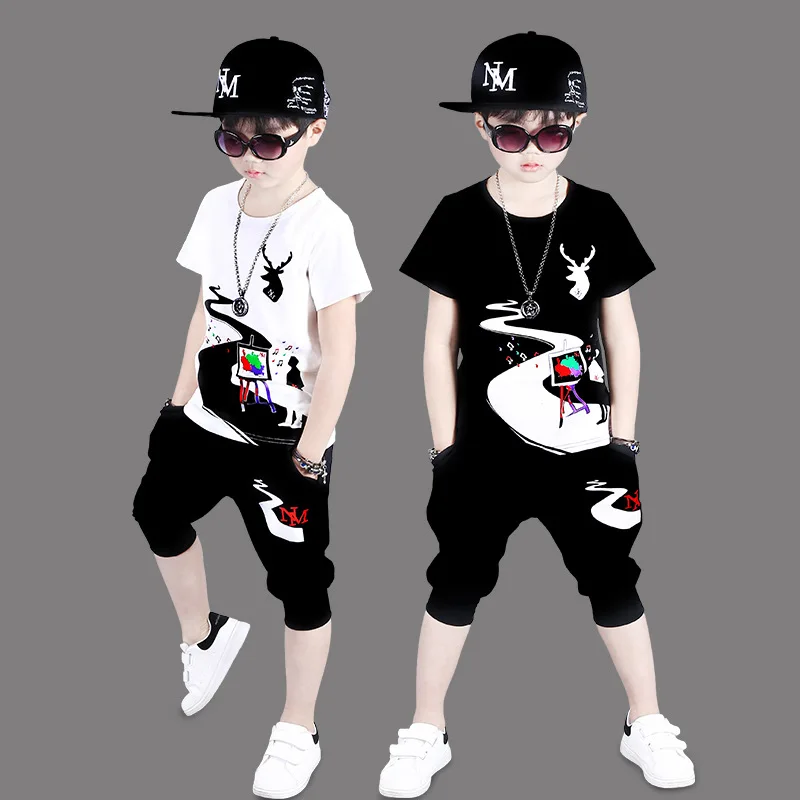 

Boy Hip-hop Summer Kids Children Sets New Sports Suit Cotton Cartoon Short Sleeve Hip Hop Costume 4-12 Year old White and Black