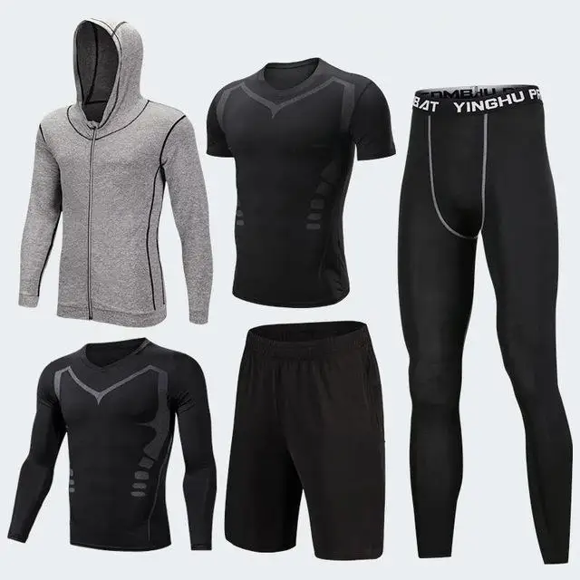 5pcs KH grey set Мужские Компрессионные спортивные костюмы, трико для спортзала, тренировочная одежда, комплект для тренировок, бега, спортивный костюм для бега, сухая посадка размера плюс - Цвет: 5pcs KH grey set