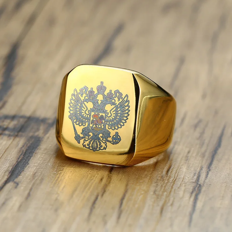 Punk Eagle Rings for Men High Polished Stainless Steel Biker a coat of arms of the Russian Signet Men's Ring - Цвет основного камня: Gold Color