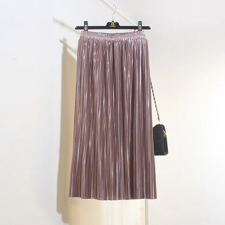 Для женщин плиссированная юбка; Цвета: серебристый металлик юбка макси Летнее Длинное Винтаж юбка-пачка леди с высокой талией Elascity Повседневное вечерние юбка