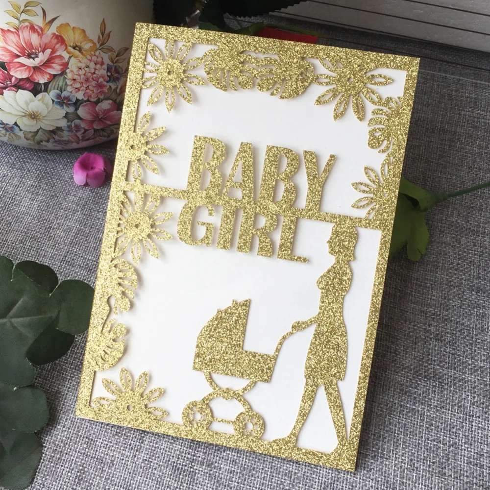 30pcs/lot Luxury Glitter Gold Invitations Card Baby Carriage Pattern Shower Birthday Gender Reveal | Дом и сад
