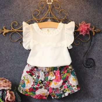 

Girls Sets 2019 New Children's Clothing Girls Flare Sleeve T-Shirts Blouse+Floral Shorts Suits Kid Summer 2Pcs Clothes 2-7Y