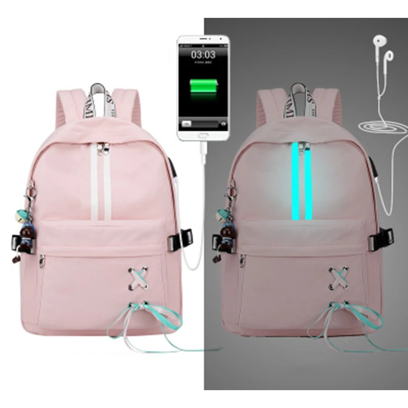 

High Quality Waterproof Women Backpack Korea Style USB Anti-theft Personality Drawstring Design College Luminous Strip Trip Bag