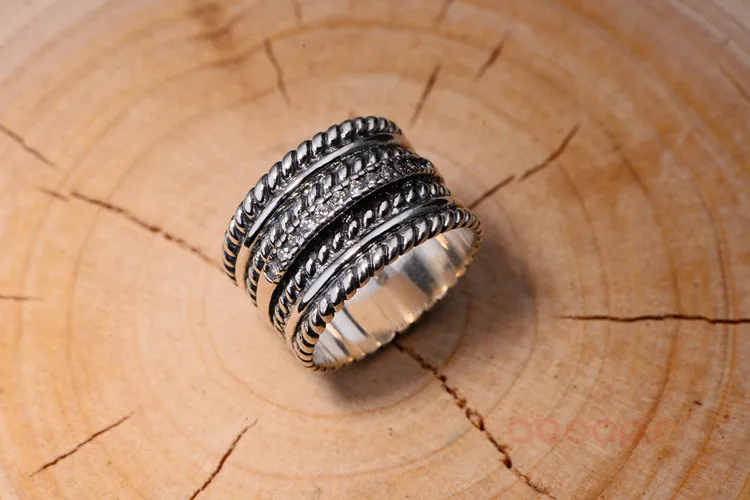 Винтаж стерлингового серебра широкий витая веревка кольцо с фианитом для Для мужчин размеры 8,5 9 10 10.5