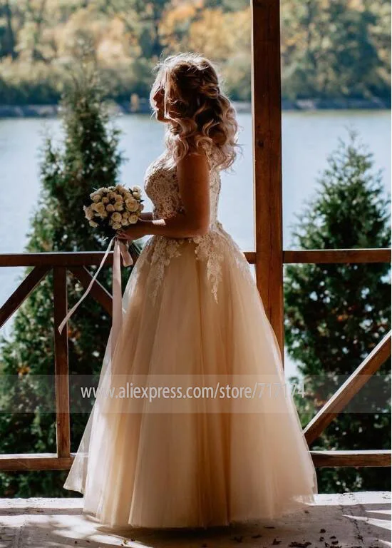 Длинное Элегантное свадебное платье трапециевидной формы с v-образным вырезом, кружевной аппликацией, рукавами-крылышками и жемчужинами цвета шампанского vestido de novia