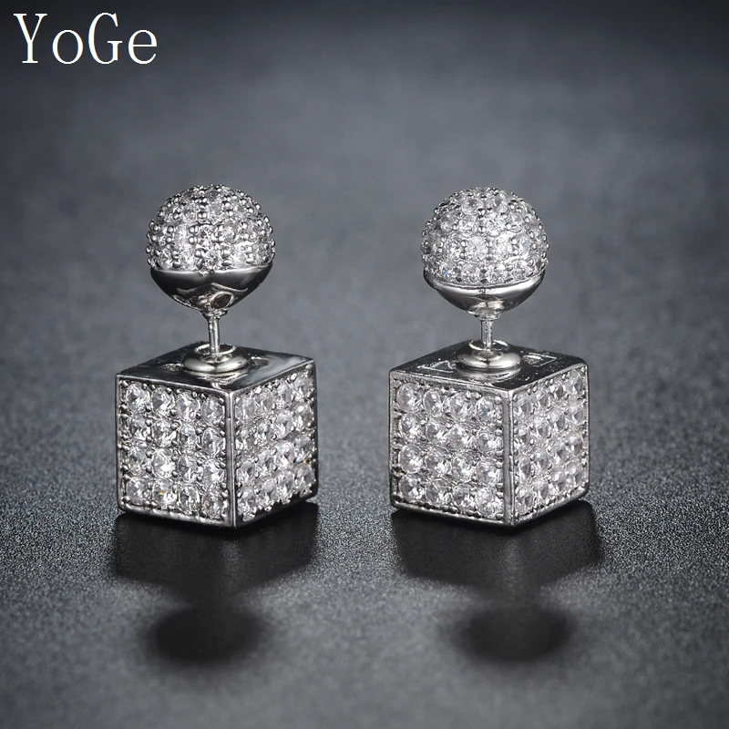 

YoGe E4595 Fashion design pave setting cubic zirconia stud with cube clasp earrings . copper base