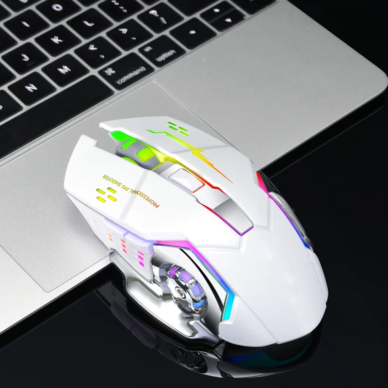 Перезаряжаемая беспроводная мышка Бесшумная эргономичная, игровая мышь 6 клавиш RGB подсветка 1600 dpi Регулируемая 600 MAH встроенная батарея