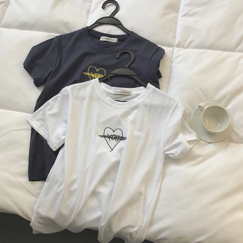 

2019 summer top female solid color T-shirt casual embroidery loose short-sleeved round neck T-shirt