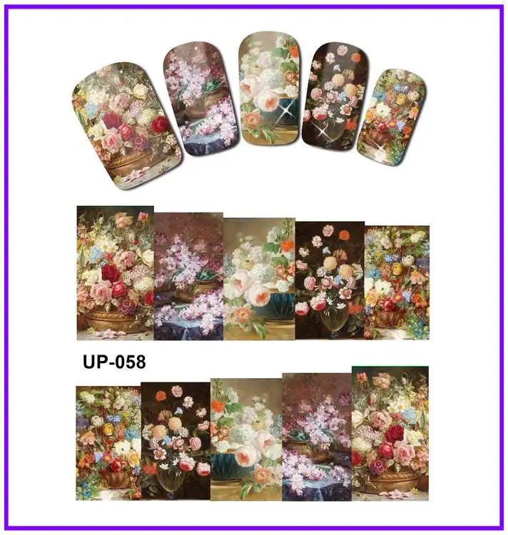 12 упак./лот переводка NAIL ART наклейки на ногти слайдер полное покрытие картина маслом с цветочным рисунком в винтажном стиле ваза с рисунком розы пиона UP49-60