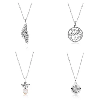 

4 Style Authentic 925 Sterling Silver Necklaces Feather Pearl Tree Pendant Necklace for Women Party Wedding Jewelry