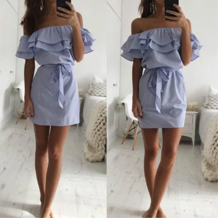 Off Shoulder Strapless Striped Ruffles Dress Women 2018 Summer Sundresses Beach Casual Shirt Short Mini Party Dresses Robe Femme