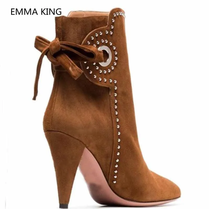 Cristal Bout Talons Chaussures Hauts De Picture Bottines Pointu Martin Arc Suede Femme Shown noeud Dames Spike Talon Élégant As Sexy Nouveau Femmes In Brown BQoCdxWre