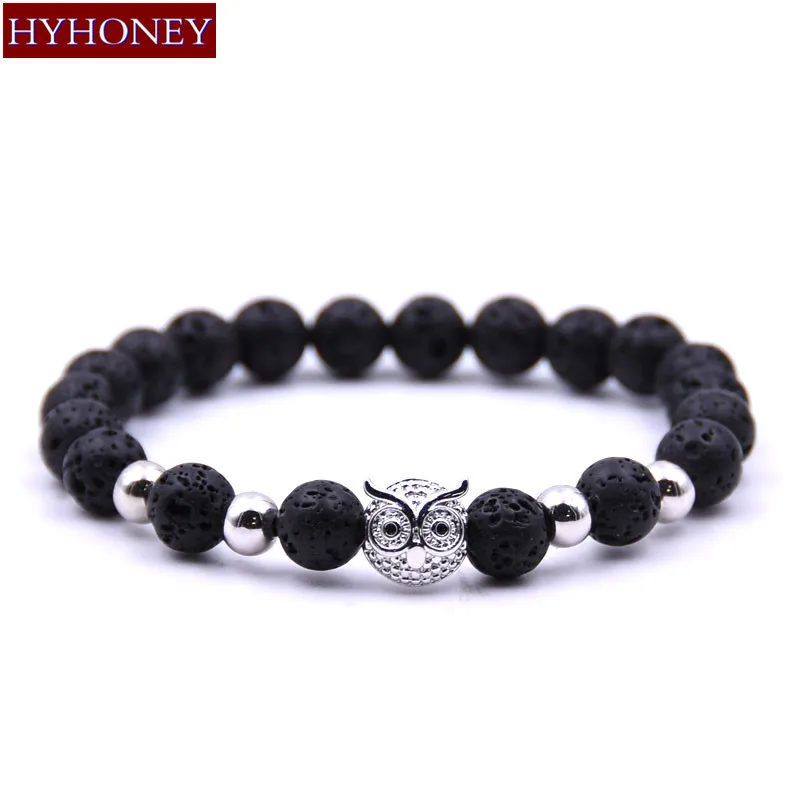 

HYHONEY New 8mm Lava Natural Stone Beads Bracelets for Women Micro Pave Zirconia CZ Owl Bracelet Men Jewelry pulseras
