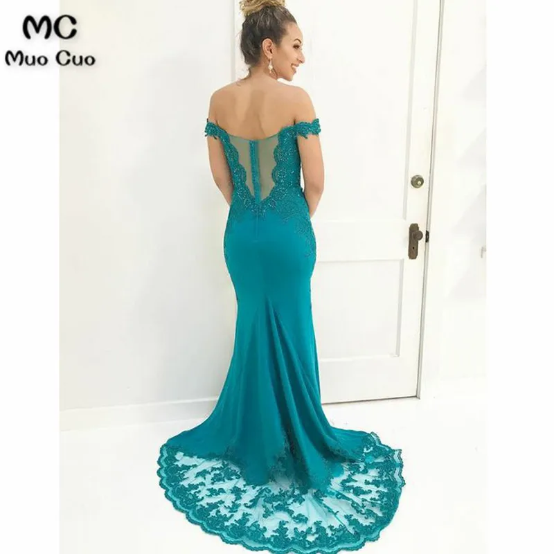 Mermaid Off-the-Shoulder Sweep Train Turquoise Prom Dress with Appliques43