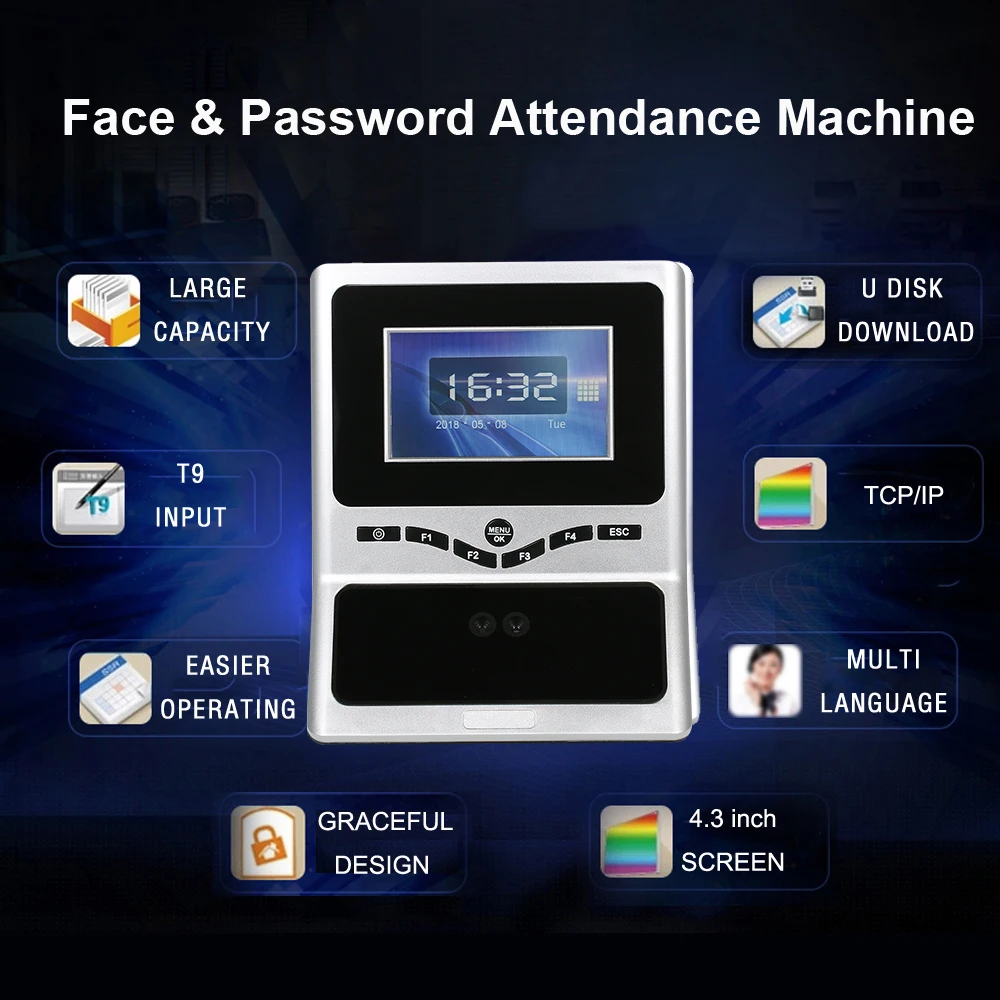 Лицо и машина для регистрации паролей работник проверка-в селектор TCP/IP 4,3 дюймов HVGA экран DC 12 V часы-Регистратор посещений