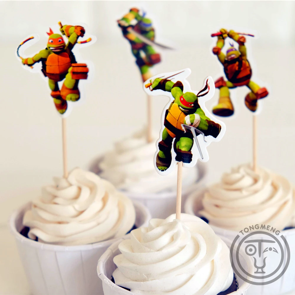 

24pcs/lot Anime Teenage Mutant Ninja Tutrles Leo Raph Mikey Don cupcake topper picks party decoration for Kids birthday supplies