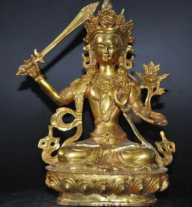 8"Old tibet buddhism bronze gilt Manjusri kwan yin GuanYin Goddess buddha statuestatues goddess