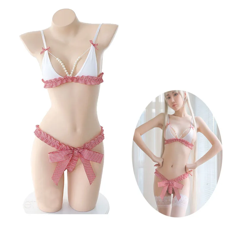 

Pearl Bow Sexy Erotic Lingerie lenceria Mini Bkini Set Bra G-string Underwear Woman Cosplay Set Sweet Kwaii Cute exotic apparel