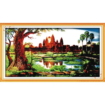 

The Sunrise At The Temple Of Angkor Wat Chinese Cross Stitch Kits Ecological Cotton Printed 14CT 11CT DIY Christmas Decorations