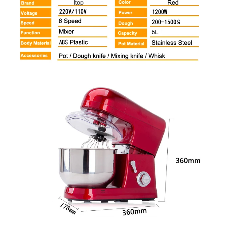 ITOP сверхмощный домашний коммерческий блендер 5л Миксер для еды 6 скоростей миксер для теста с венчиком Кухонные комбайны 110 В 220 В