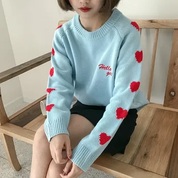 

Harajuku Fashion Cotton Women Sweater Cute Love Letter Embroidery Student Knitted Sweater Autumn Winter Women Sweater Coat